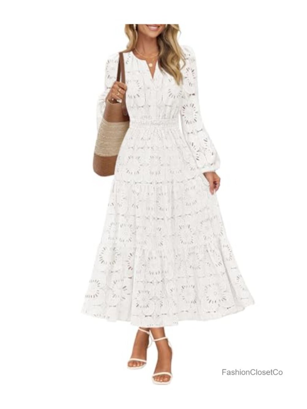 Women's Lace Floral Eyelet Maxi Dress Long Sleeve Wedding Guest - Picture 1 of 6